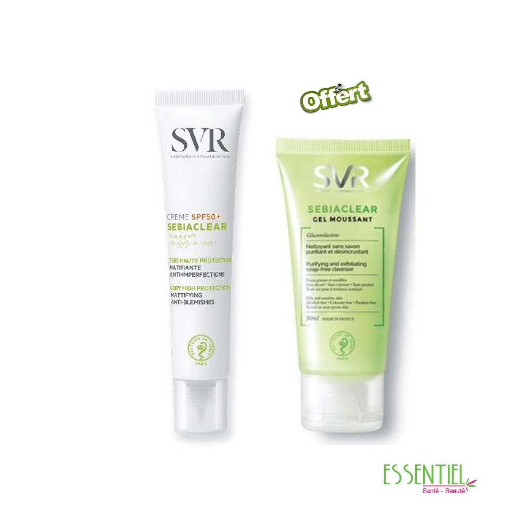 SVR Sebiaclear Crème SPF50 Solaire Matifiante Anti Imperfections, 40ml + sebiaclear gel 55 ml offert
