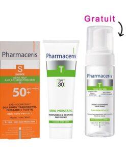 Pharmaceris lot de Crème protectrice pour peau acnéique + crème hydratante + gel moussant (gratuit)