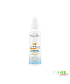 "Spray solaire Dermedic Sunbrella SPF 50+ pour adultes – flacon de 150 ml, protection solaire très haute, adapté aux peaux sensibles."