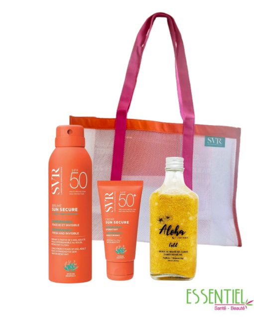 SVR Sun Secure Brume Solaire SPF50+ Une brume qui offre une haute protection solaire SPF50 et protège des UVA et UVB, elle est adaptée aux peaux hypersensibles au soleil et convient à toute la famille dès 3 ans. INODERMA ALOHA HUILE SECHE DE MONOI TAHITI Aloha est une huile au Monoï de Tahiti d’origine Polynésienne, obtenue grâce à la macération de fleurs deTiaré dans l’huile de noix de coco SUN SECURE Crème SPF50+ Crème solaire biodégradable hydratante SPF50+