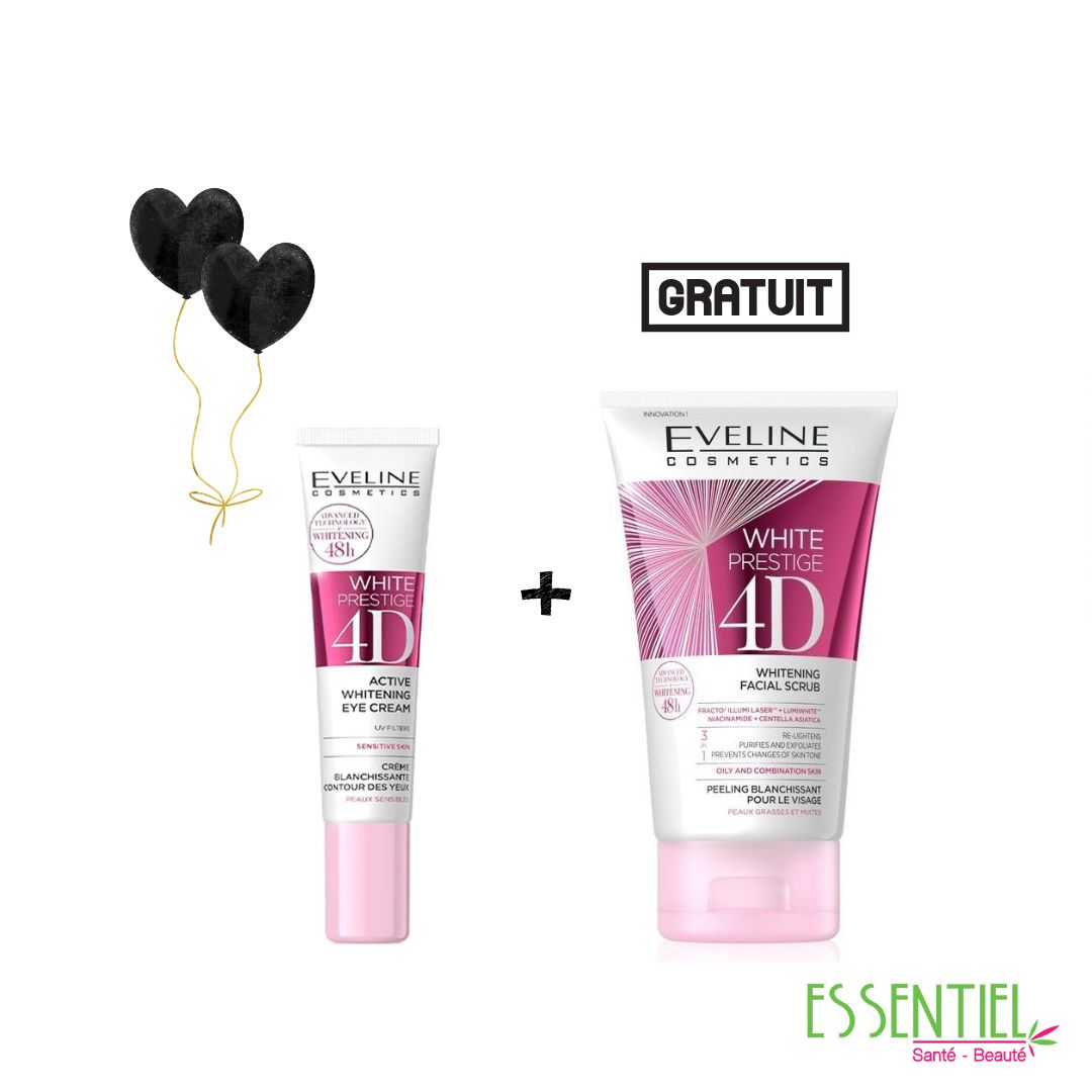 EVELINE 4D WHITE PRESTIGE CONTOUR DES YEUX+EVELINE 4D WHITE PRESTIGE GOMMAGE GRATUIT