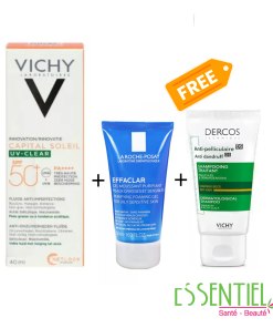 VICHY CAPITAL SOLEIL UV-CLEAR FLUIDE ANTI-IMPERFECTIONS SPF50+ 40ML+DERCOS ANTI PELLICULAIRE SHAMPOOING TRAITANT CHEVEUX NORMAUX A SECS 50ml GRATUIT +LA ROCHE POSAY EFFACLAR POSAY GEL 50Ml GRATUIT