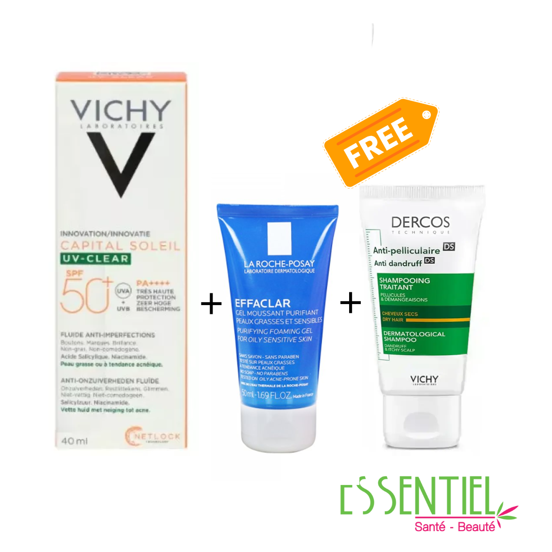 VICHY CAPITAL SOLEIL UV-CLEAR FLUIDE ANTI-IMPERFECTIONS SPF50+ 40ML+DERCOS ANTI PELLICULAIRE SHAMPOOING TRAITANT CHEVEUX NORMAUX A SECS 50ml GRATUIT +LA ROCHE POSAY EFFACLAR POSAY GEL 50Ml GRATUIT