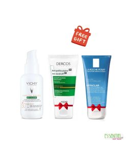 VICHY CAPITAL SOLEIL UV CLEAR FLUIDE ANTI IMPERFECTIONS SPF50+ + DERCOS SHAMP ANTI PELLICULAIRE CHEVEUX SECS 50ML + LA ROCHE POSAY EFFACLAR GEL MOUSSANT PURIFIANT 50ML OFFERTS