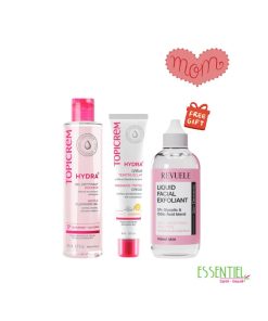 TOPICREM HYDRA+ GEL NETTOYANT+HYDRA+CREME TEINTE SPF50+REVUELE LIQUIDE EXFOLIANT OFFERT