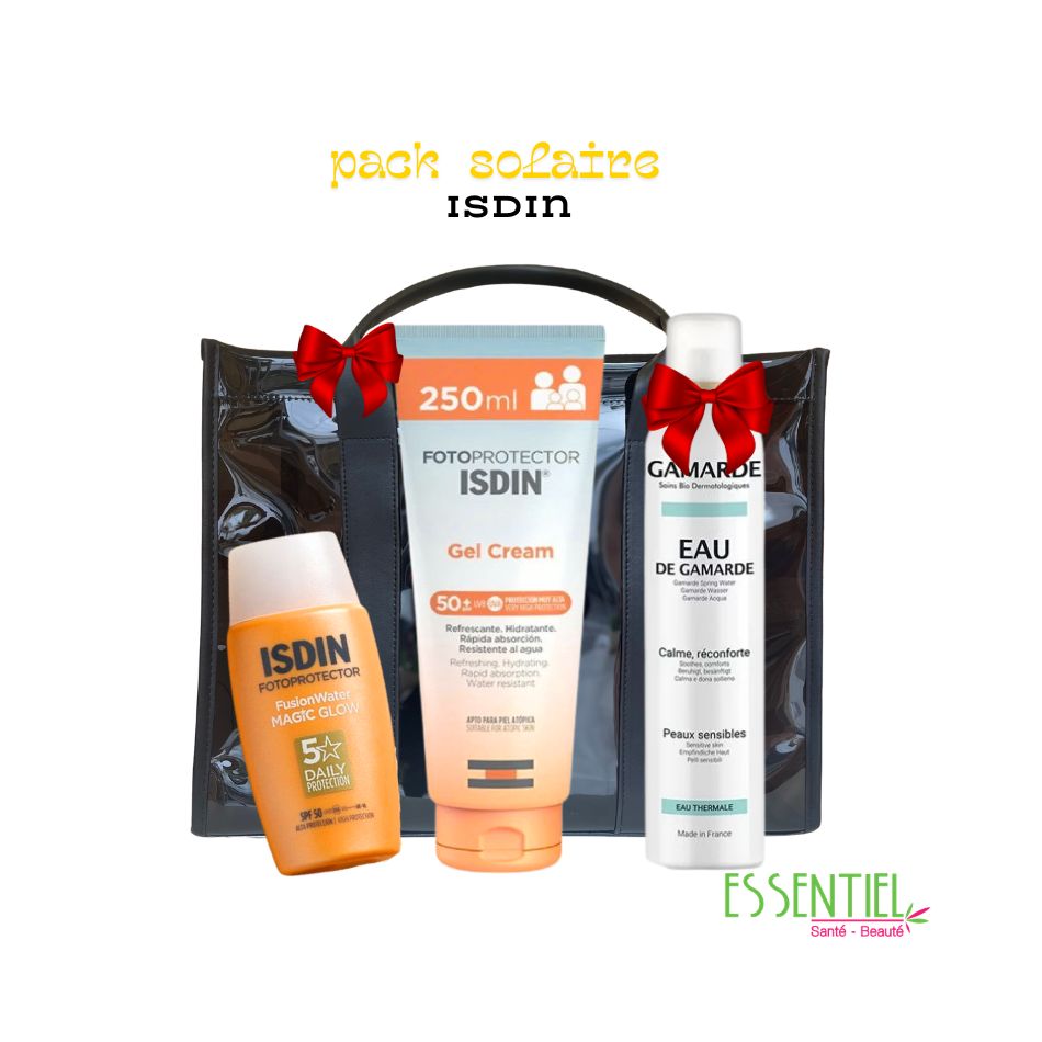 ISDIN PACK SOLAIRE MAGIC GLOW+ GEL CREME 250ML+ GAMARDE EAU THERMAL 250ML ET SAC OFFERT (2)