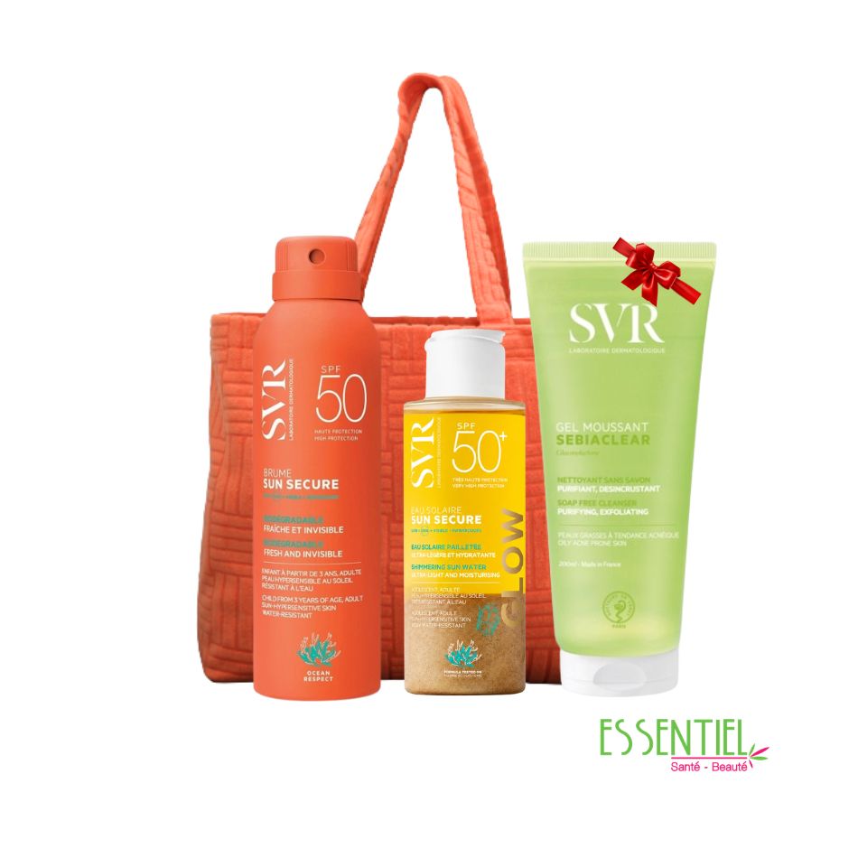 SVR PACK SUN SECURE BRUME+ + SUN SECURE EAU SOLAIRE GLOW 50+ +SEBIACLEAR GEL 200MLGRATUIT+ SAC OFFERT