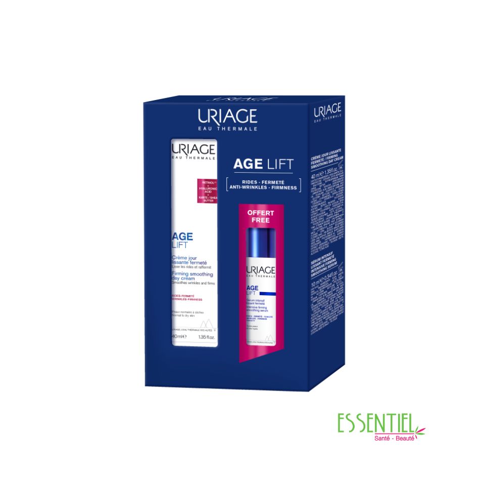 # Coffret Age Lift – Crème de Jour Anti-Âge & Soin Contour des Yeux Offrez à votre peau une routine anti-âge complète avec le **Coffret Age Lift**, un duo de soins spécialement conçu pour prévenir et corriger les signes visibles du vieillissement cutané. En associant une **Crème de Jour Anti-Âge** et un **Soin Contour des Yeux**, ce coffret répond aux besoins des peaux en quête de fermeté, d'hydratation et d'éclat. La **Crème de Jour Anti-Âge Age Lift** hydrate intensément la peau tout en aidant à réduire l'apparence des rides et des ridules. Sa formule associe des actifs reconnus pour améliorer la fermeté, renforcer l'élasticité cutanée et préserver le capital jeunesse de la peau. Elle nourrit durablement l'épiderme, améliore le confort cutané et laisse la peau plus souple, plus lisse et visiblement revitalisée. Jour après jour, le teint retrouve luminosité et uniformité, tandis que les signes de fatigue et de l'âge semblent atténués. Le **Soin Contour des Yeux Age Lift** agit sur cette zone particulièrement fine et sensible afin de réduire les marques de fatigue et les premiers signes de l'âge. Il aide à lisser les rides et ridules, à diminuer l'apparence des poches et des cernes et à raffermir le contour des yeux. Sa texture légère et confortable pénètre rapidement sans laisser de film gras, offrant un regard plus frais, reposé et éclatant. Utilisés ensemble, ces deux soins créent une routine quotidienne complète qui hydrate, protège et améliore visiblement la qualité de la peau. Le visage paraît plus ferme, les traits sont lissés et le regard retrouve toute sa fraîcheur. ## Les atouts du Coffret Age Lift * Routine anti-âge complète pour le visage et le contour des yeux. * Hydratation longue durée et confort optimal. * Aide à lisser les rides et les ridules. * Améliore la fermeté et l'élasticité de la peau. * Réduit l'apparence des poches, des cernes et des signes de fatigue. * Ravive l'éclat naturel du teint. * Texture agréable, idéale pour une utilisation quotidienne. * Convient à tous les types de peau. ## Contenu du coffret * Crème de Jour Anti-Âge Age Lift * Soin Contour des Yeux Age Lift ### Conseils d'utilisation Appliquez la **Crème de Jour Anti-Âge** chaque matin sur une peau propre et sèche en massant délicatement le visage et le cou jusqu'à absorption complète. Appliquez ensuite une petite quantité de **Soin Contour des Yeux** sur le contour de l'œil en tapotant délicatement du coin interne vers le coin externe. uriage age lift creme jour +soin lissant regard -50% sur le 2 éme